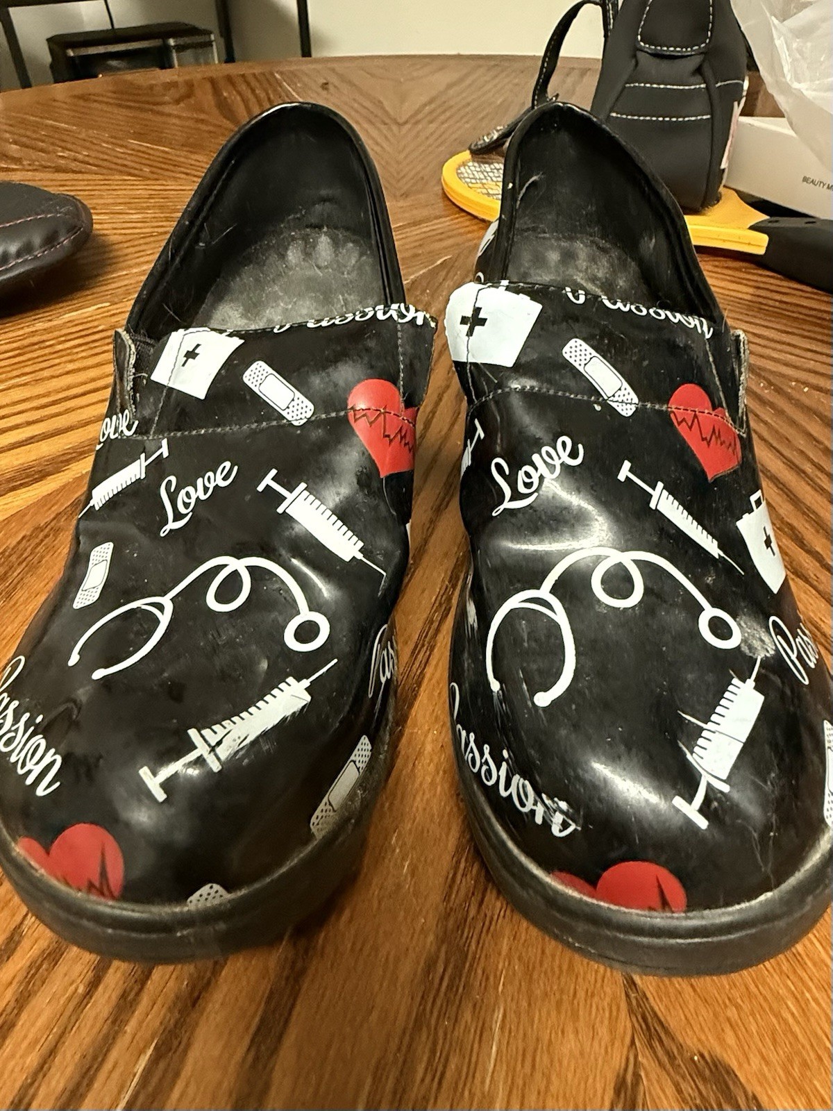 Women’s Black Slip-On Flats Round Toe Medical Graphic Print White Red