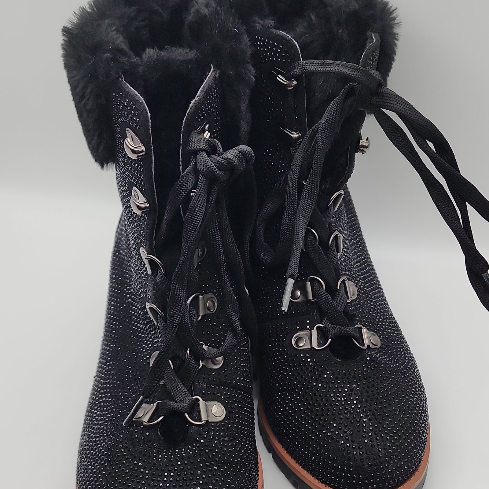 Nanette Lepore Anais Women’s 8.5 Black Lace-Up Faux Fur Trim Ankle Booties