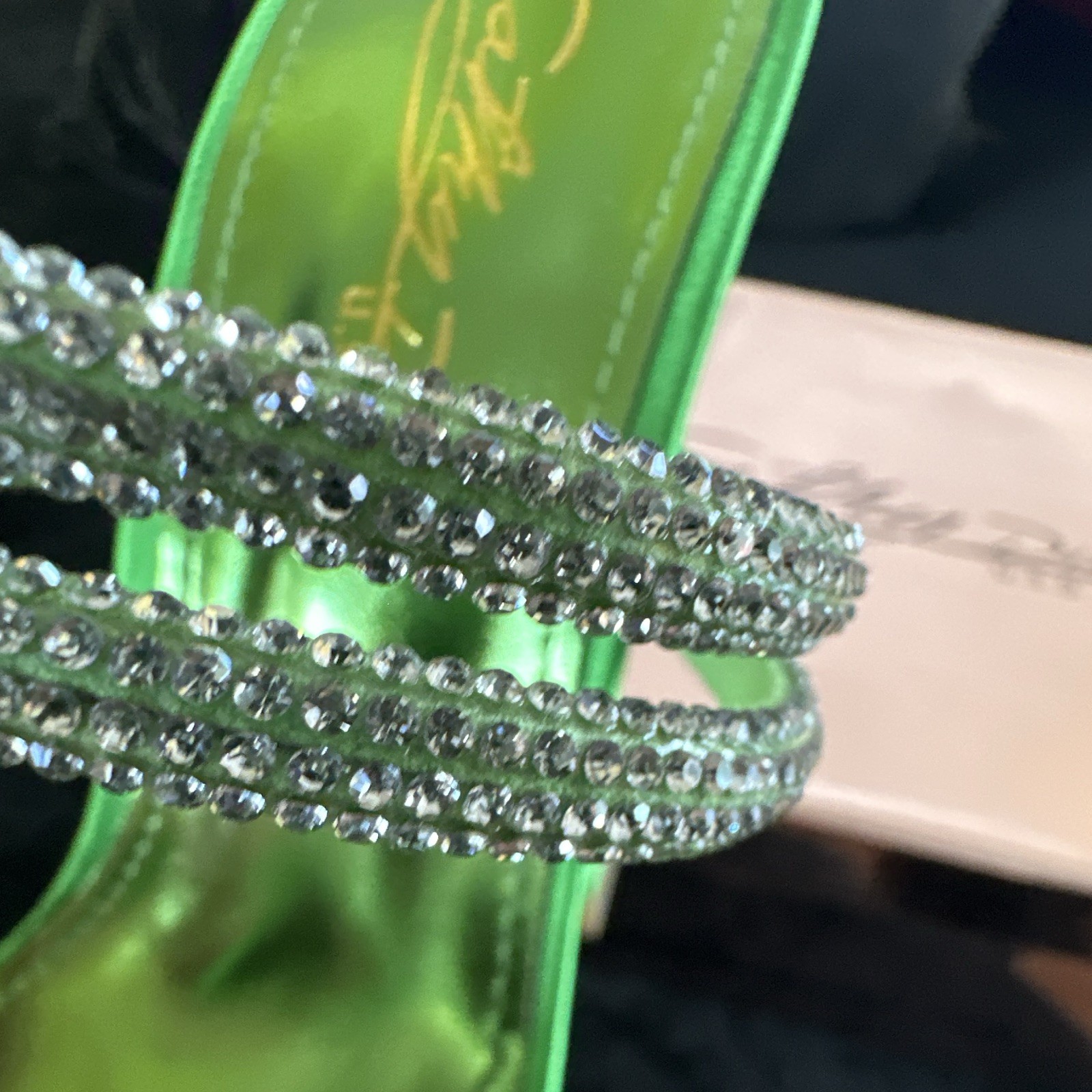 Cathy Din Green Size 8 Rhinestone Strappy Sexy Platform Chunky Heels $ & Diamond
