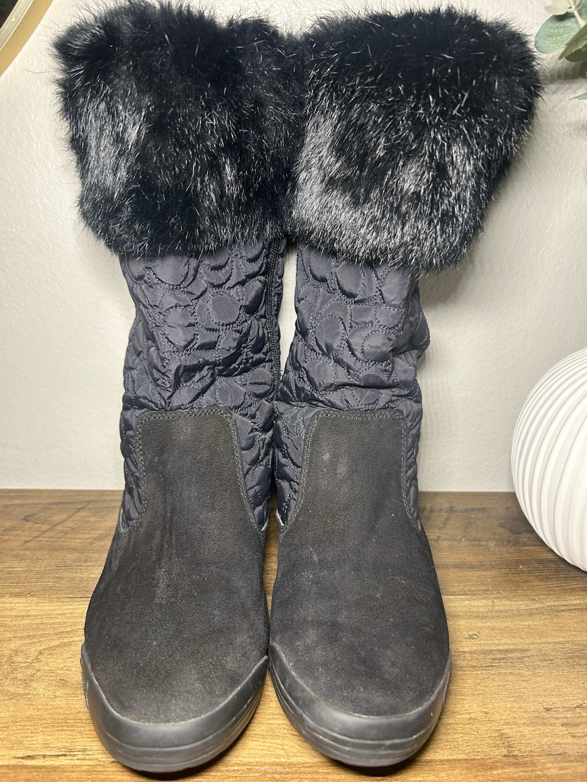 Coach Talen Black Suede Quilted Faux Fur Trim Mid-Calf Slip-On Winter Boots