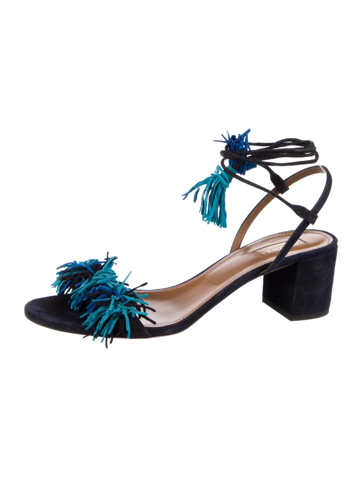 AQUAZZURA Blue Suede Tassel Accents T-Strap Sandals Size 11 IT 41 Good Used Cond