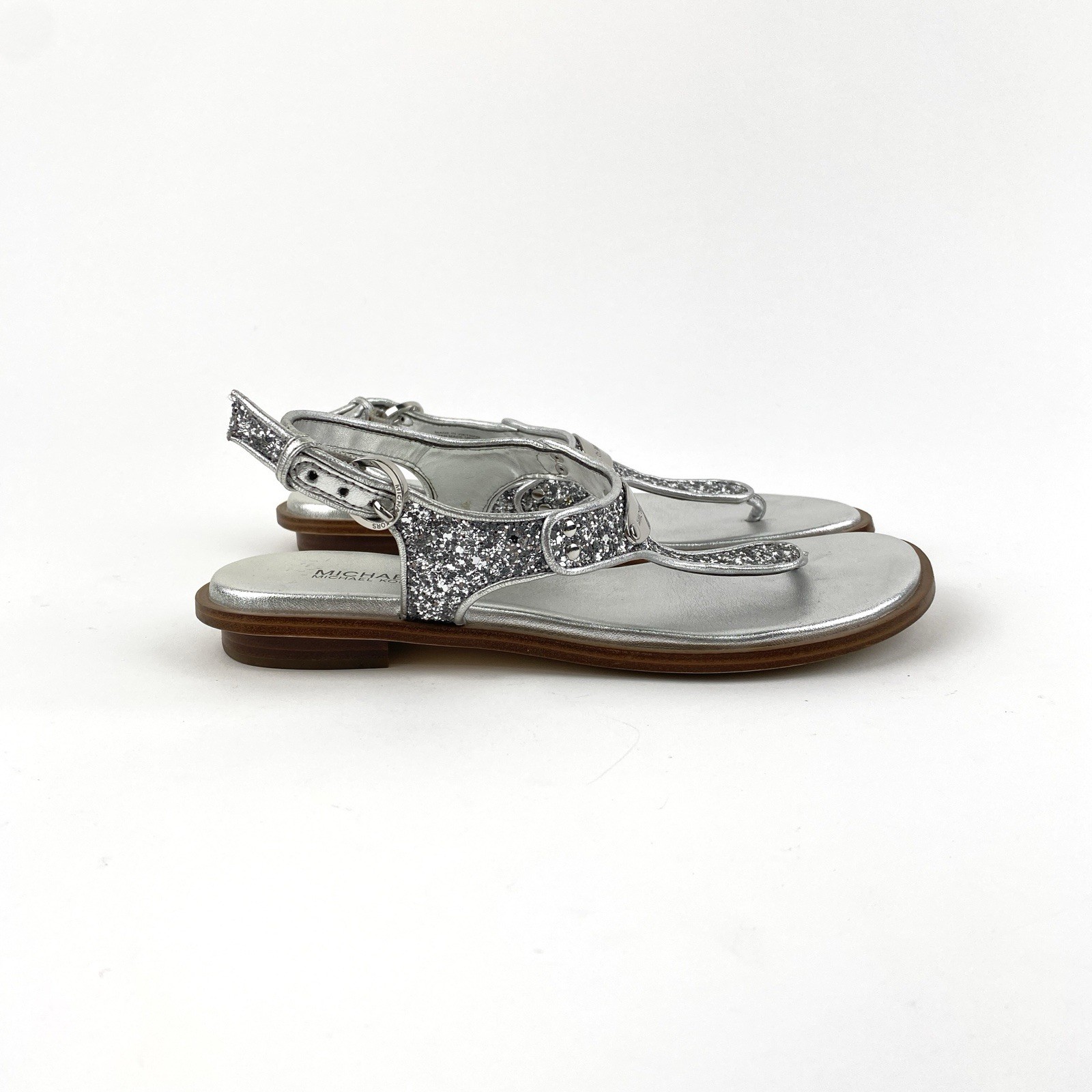 Michael Kors MK Plate Silver Glitter Thong Ankle Strap Sandals Women’s Size 6.5M