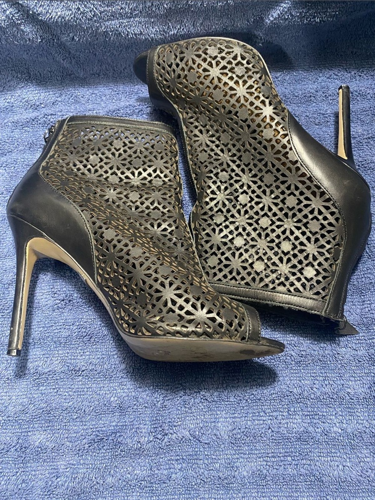 Badgley Mischka “July”Leather Black Laser-Cut Peep-Toe Stiletto Booties