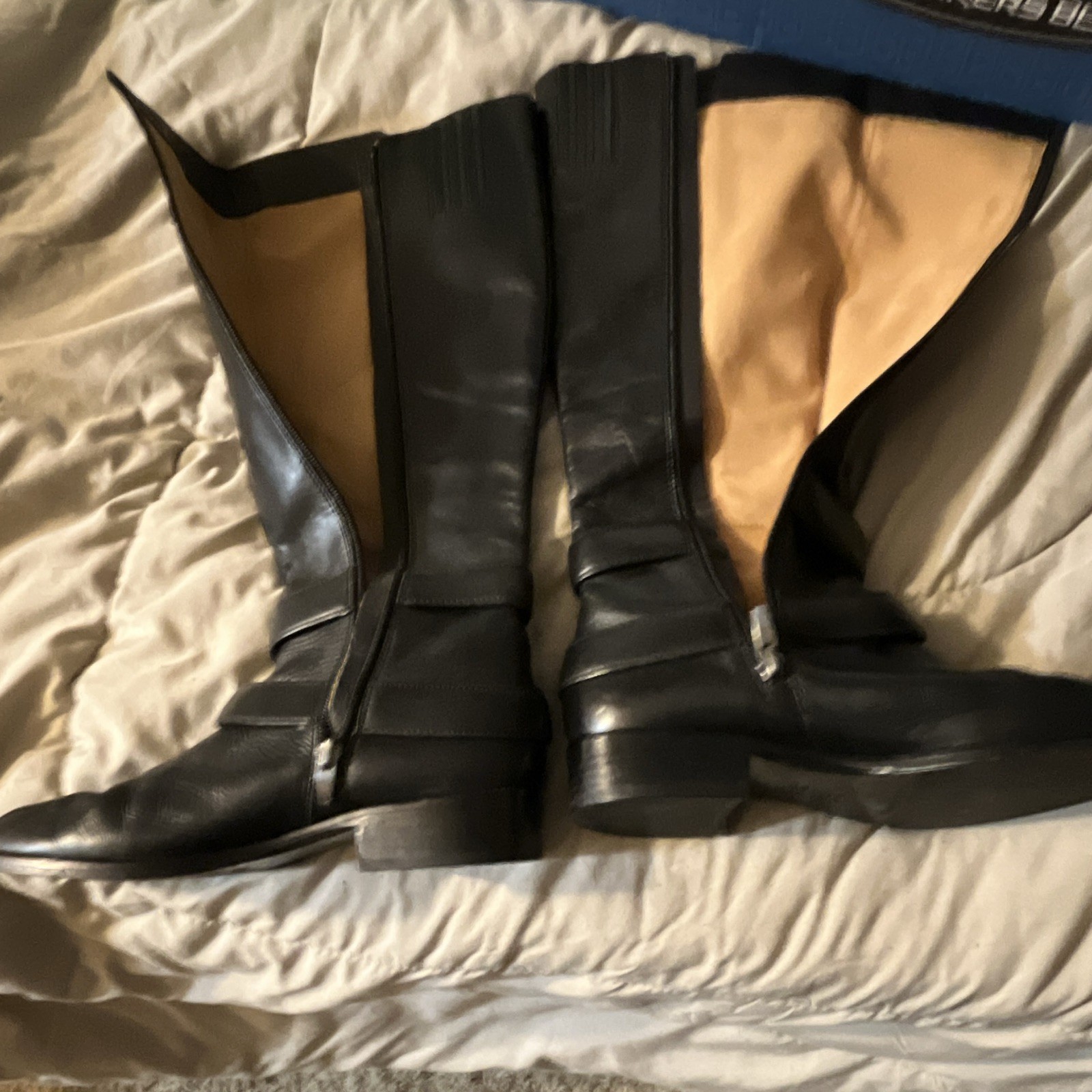 Via Spiga Black Knee High Riding Boots Faux Leather Round Toe Buckle 8.5