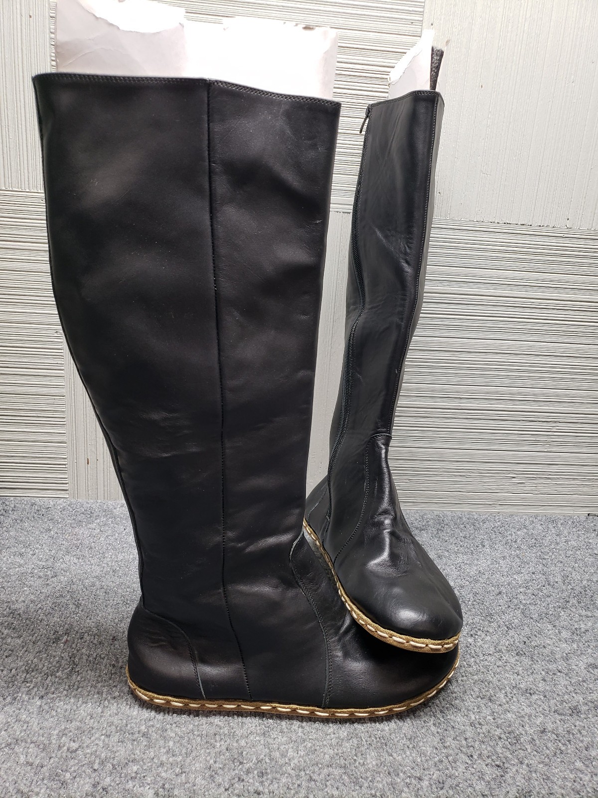 Atlantis Women Boots 13.5 Black Leather Side Zip Handmade High Knee Comfort Shoe