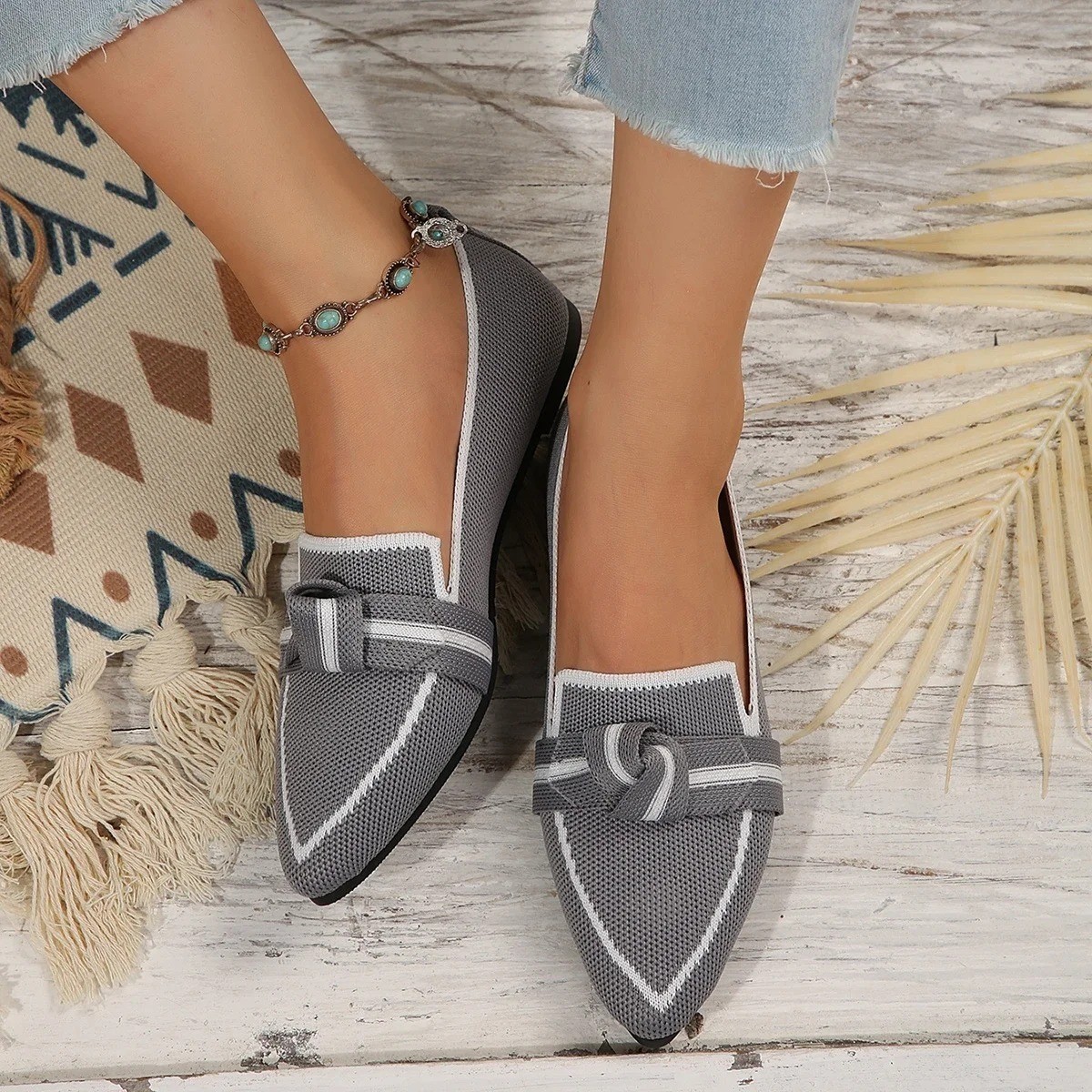 Women Flats 2024 New Knitted Slip Breathable Comfortable Solid Color Shoes
