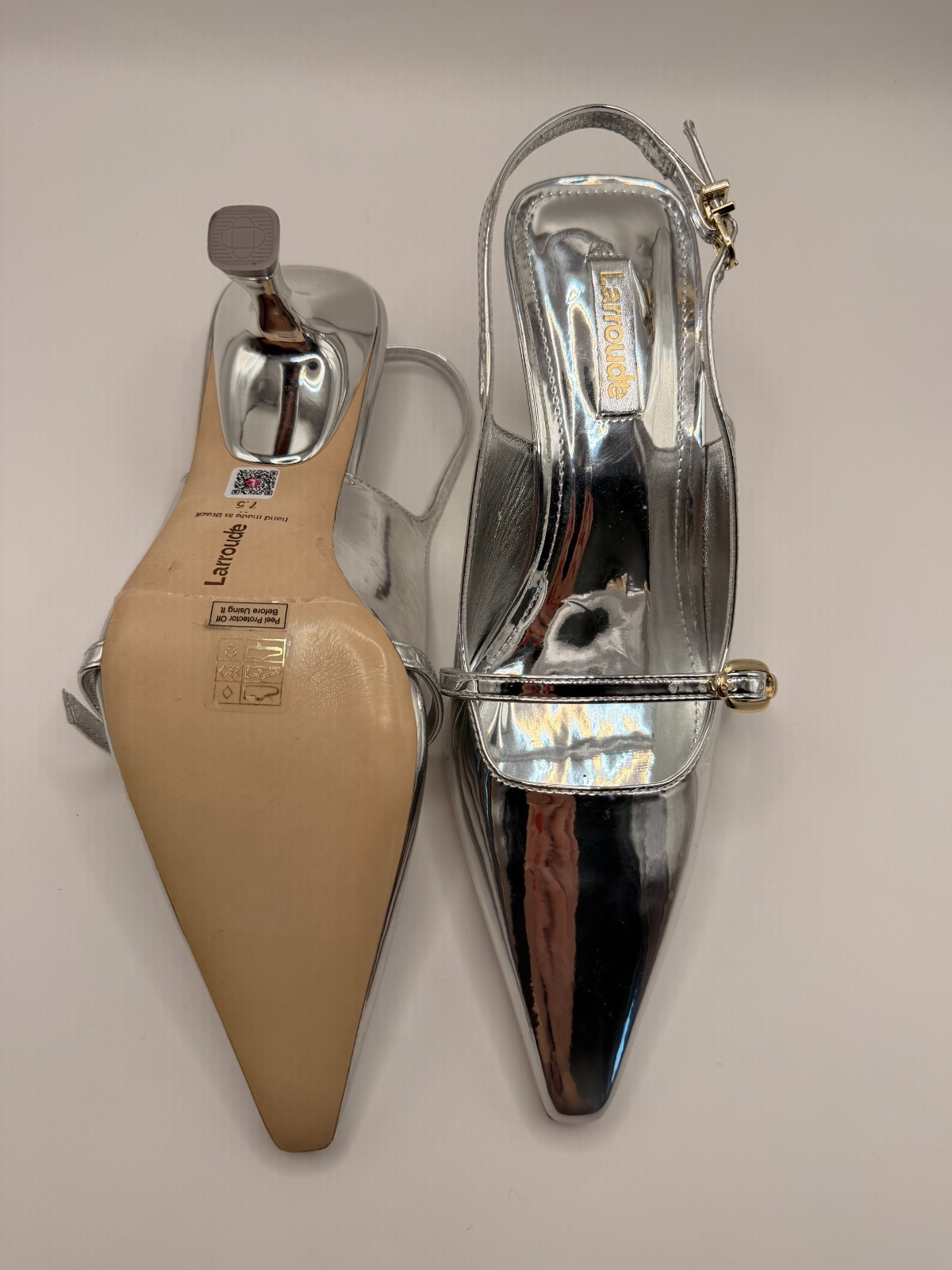 Larroudé Womens Ines Pump In Silver Specchio Pointy Toe Slingback Heel Sz 7.5