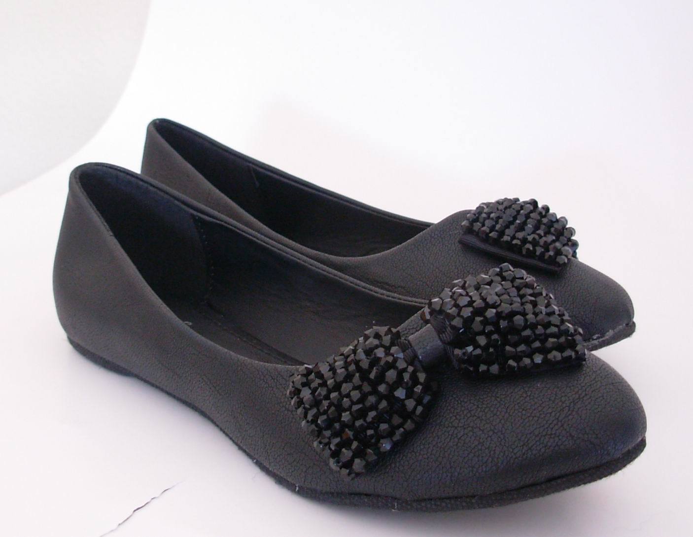 New Fashion Casual Black Ballet Flats Shoes with Sparkling Bow 5-10