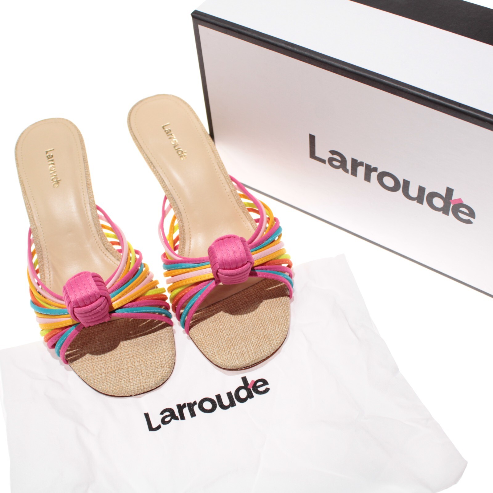 Larroude NWB Valerie Open Toe Mule Heels Size 7 in Beige/Satin Multicolor