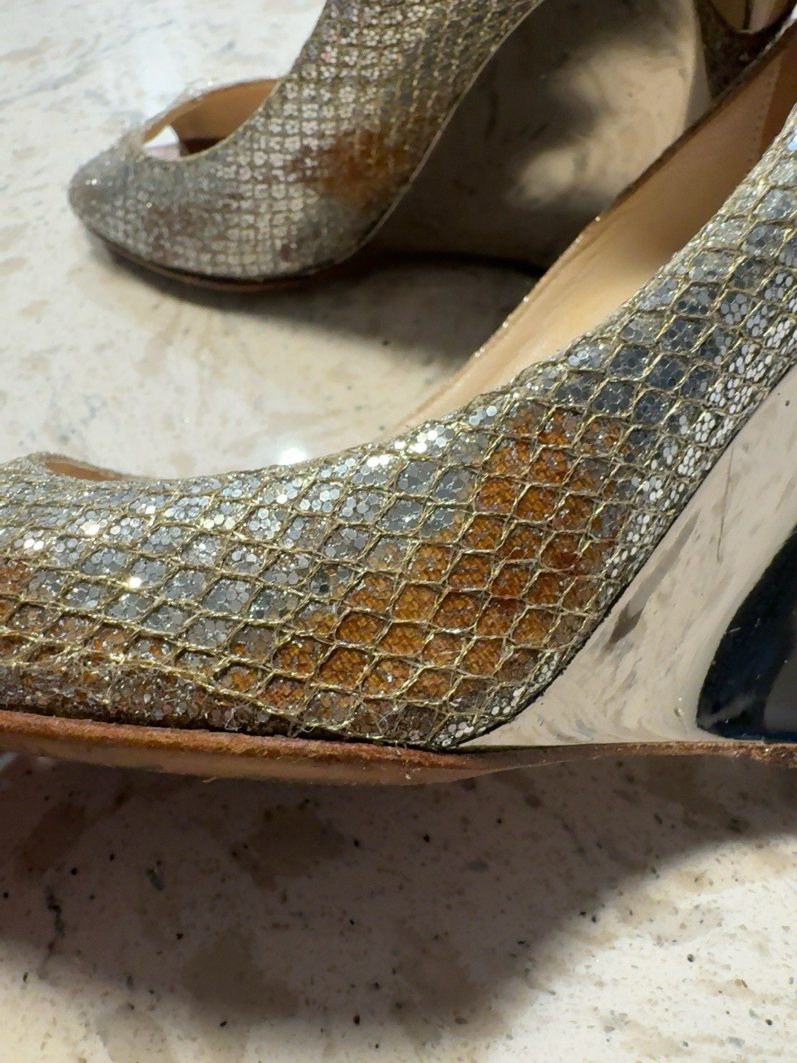 Jimmy Choo Metallic Glitter Peep Toe Wedge Heels – Women’s EU 36.5 / US 6–6.5