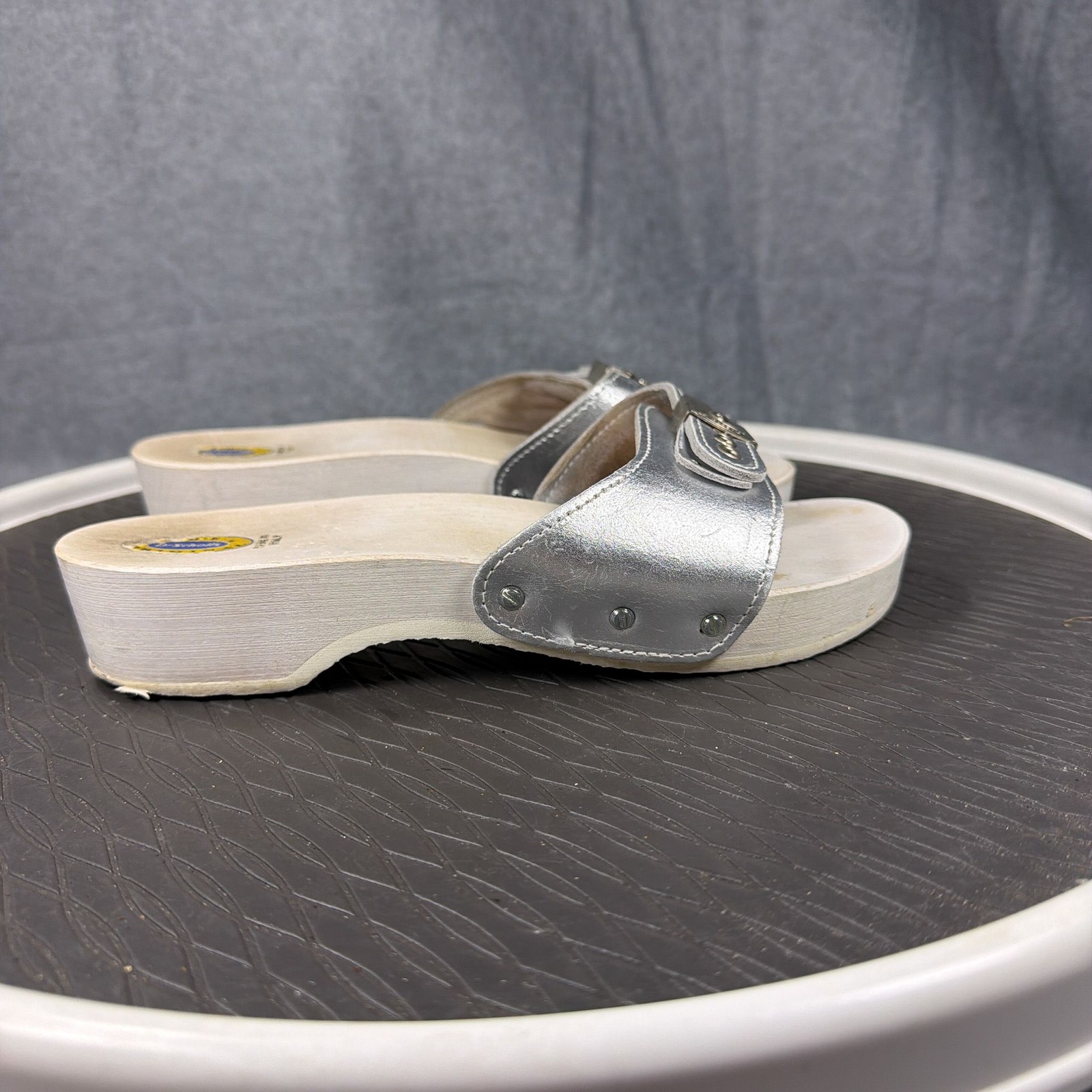 Dr Scholls Original Sandals Womens 6.5 Silver Platform Slides Buckle