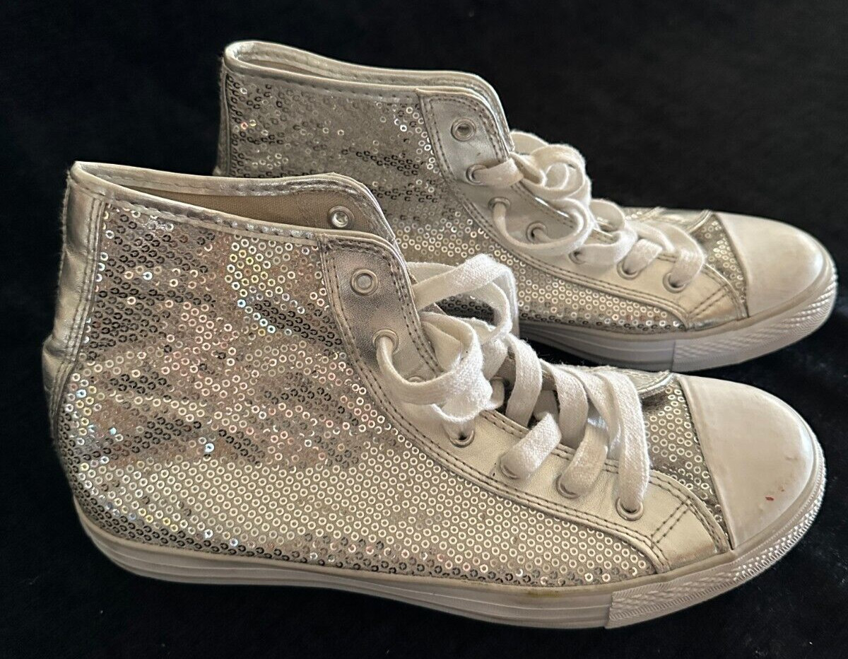 Gotta Flurt Disco Silver Sequin High Top Sneakers Size 10 Chucks White Laces
