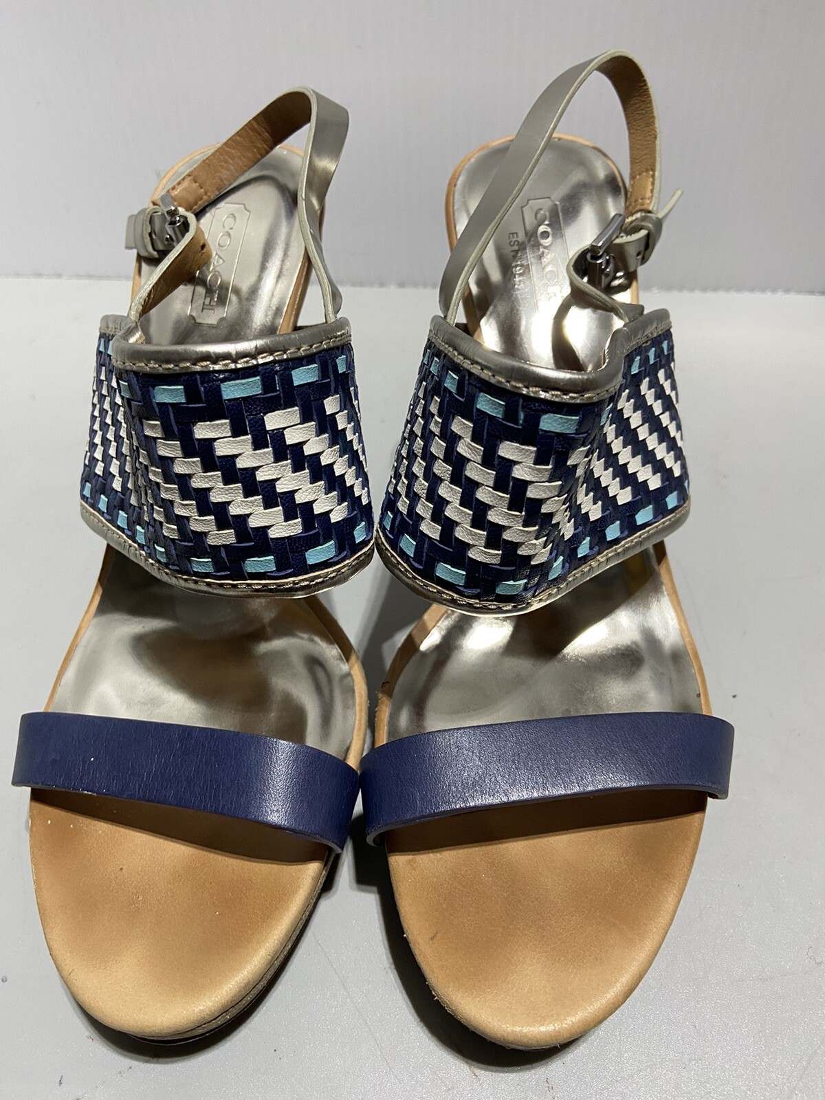 COACH Steffi Heels Pumps Slingback Shoes Blue Tan Silver Women’s Size 8B Q1861