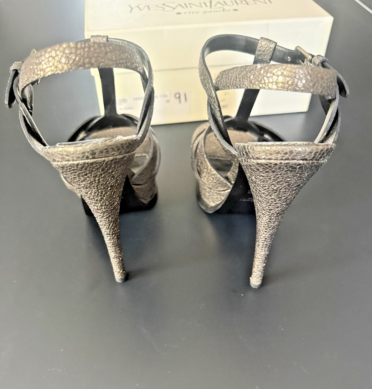 Saint Laurent YSL Metallic Tribute Platform Heels Sandals Gunmetal EU 36 US 6