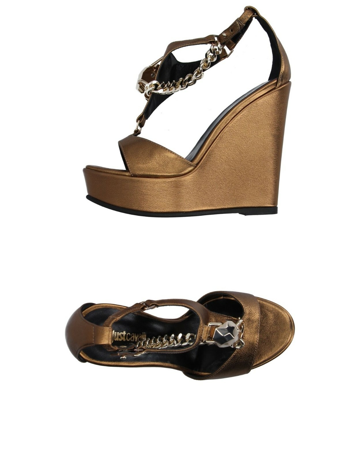 New JUST CAVALLI 37 7 heels platforms sandals shoes metallic bronze chain $450