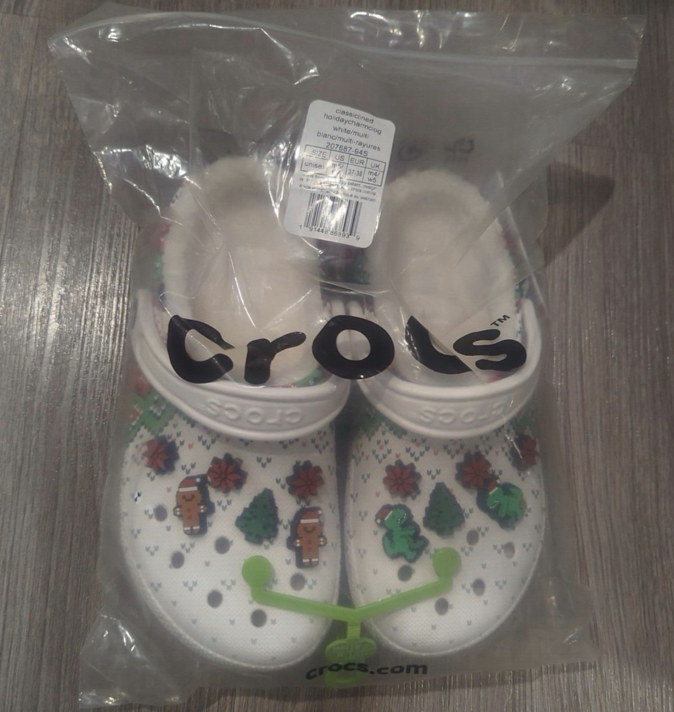 NWT Crocs Classic Lined Holiday Charm Clog White/Multi M5/W7 EU 37-38 207687