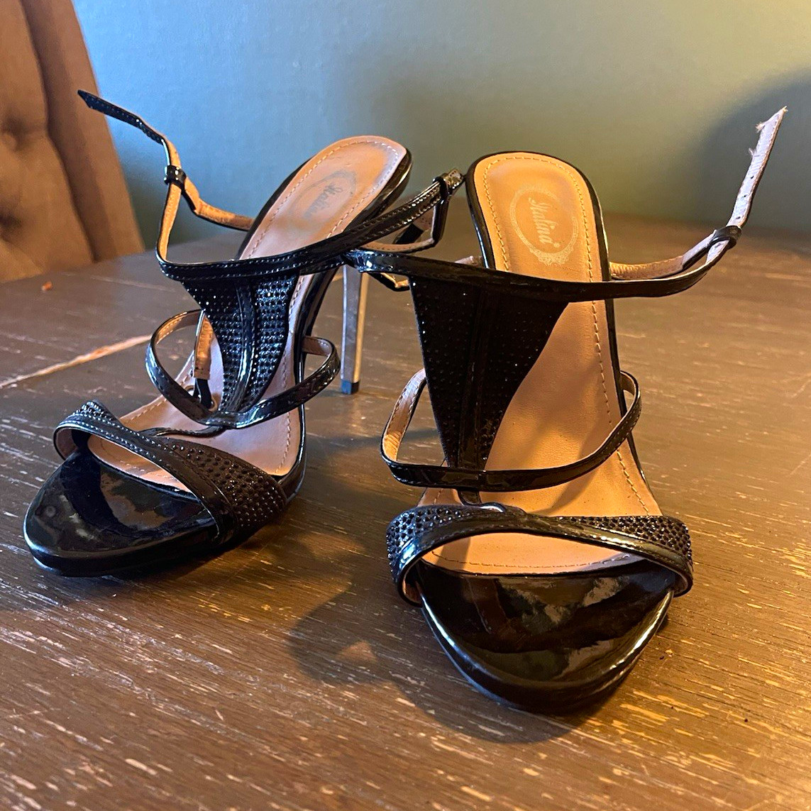 Women’s Black Strappy Open Toe Ankle Strap Buckle Stiletto Heels US 8