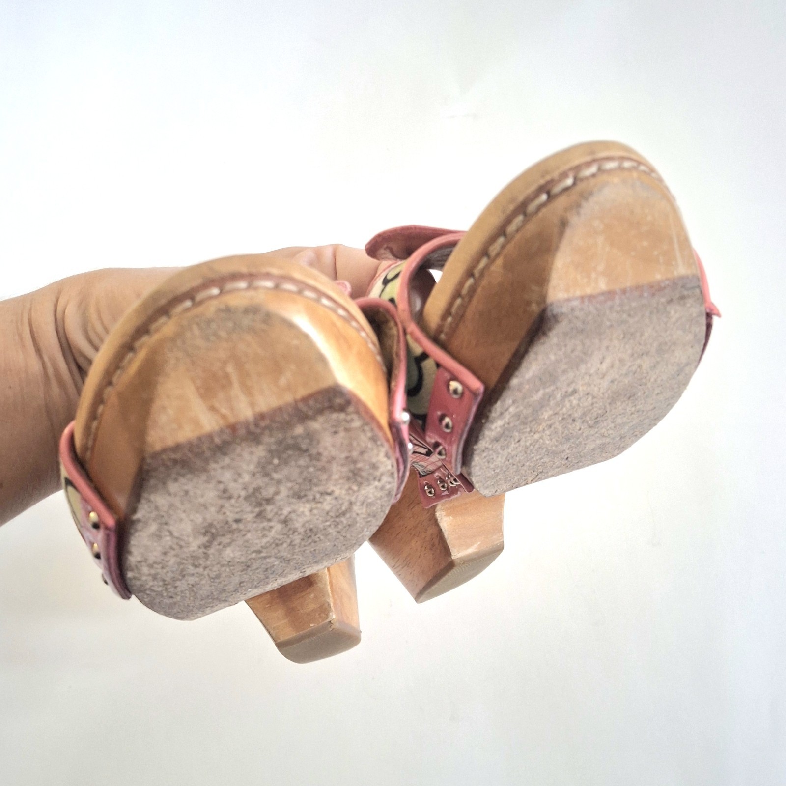 Y2K Vintage Coach Lee Patchwork Wooden Sandals Shoes Size 7.5 Boho Beach Summer