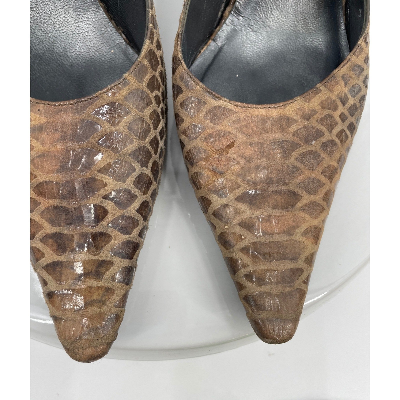 Stuart Weitzman Slingback Pumps Womens 8.5 Brown Leather Snakeskin Pointed Heel