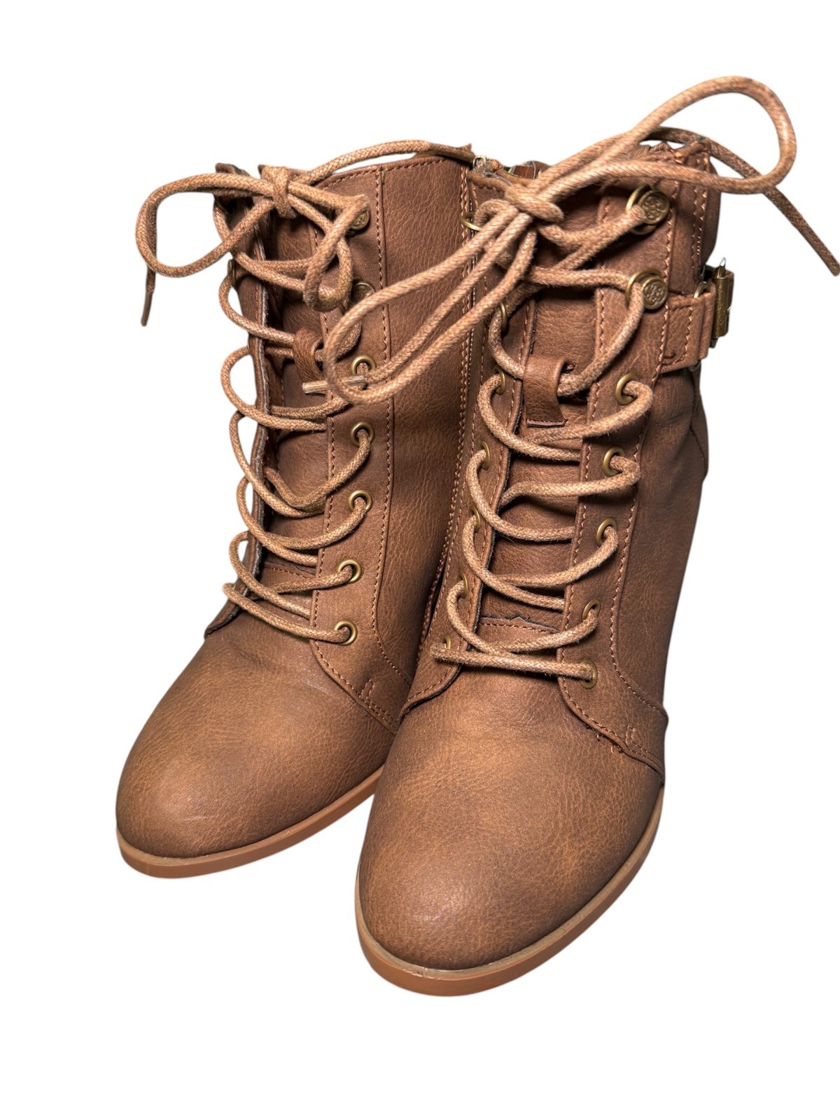 Daisy Fuentes Kloudie Brown Lace Up Zip Up Combat Block Heel Booties Size 6.5M