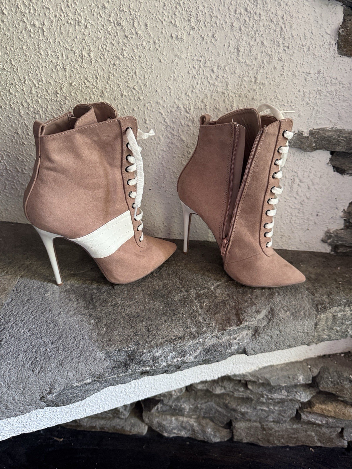 Women’s Faux Suede Lace-Up Ankle Bootie, Pointed Toe, Pink/White, 7.5