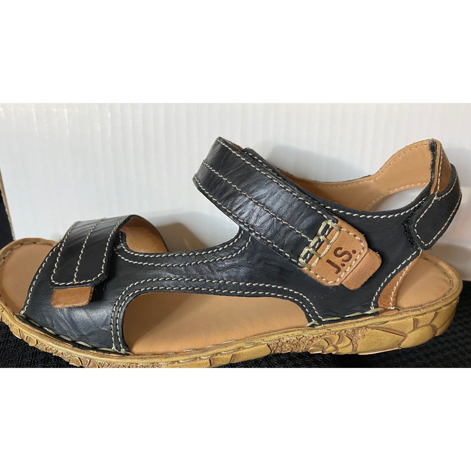 Josef Seibel Black Leather Adjustable Slingback Sandals Womens Size 6.5 Euro 37