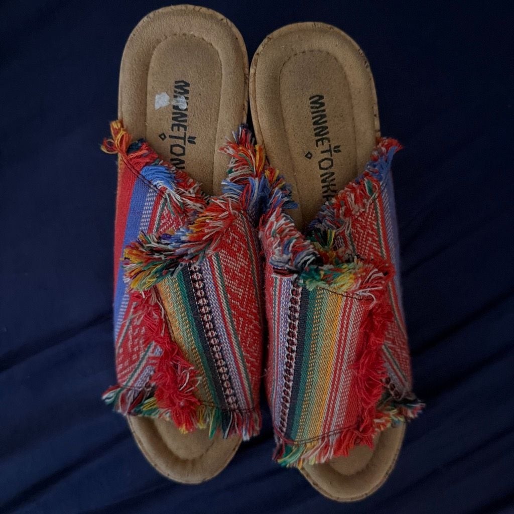 Minnetonka York Serape Frayed Fabric Wedge Slide Sandals