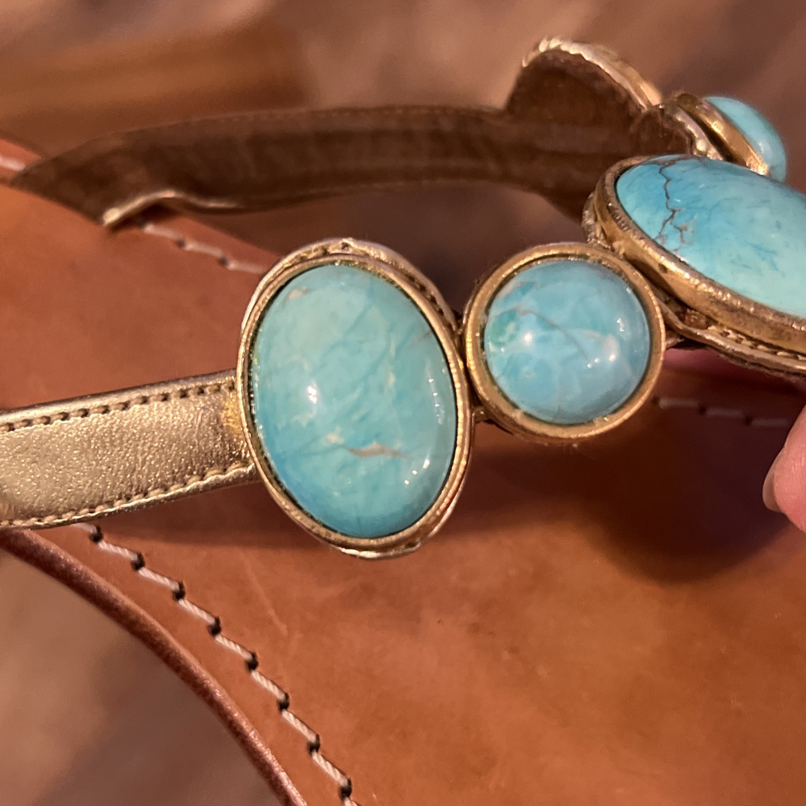 Mystique Sandals Womens Turquoise Gold Leather Sole Wood Heel Sz 10 Indonesia