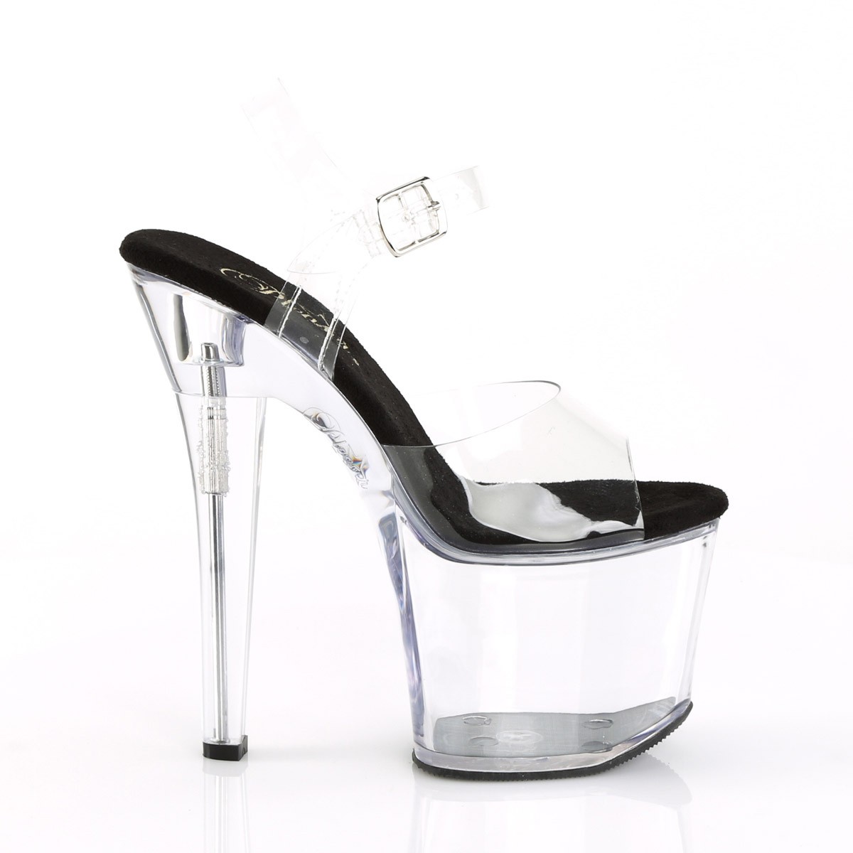 Pleaser 7 Inch Heel 3 1 4 Platform Clear Ankle Strap Clr-Blk/Clr sz 6
