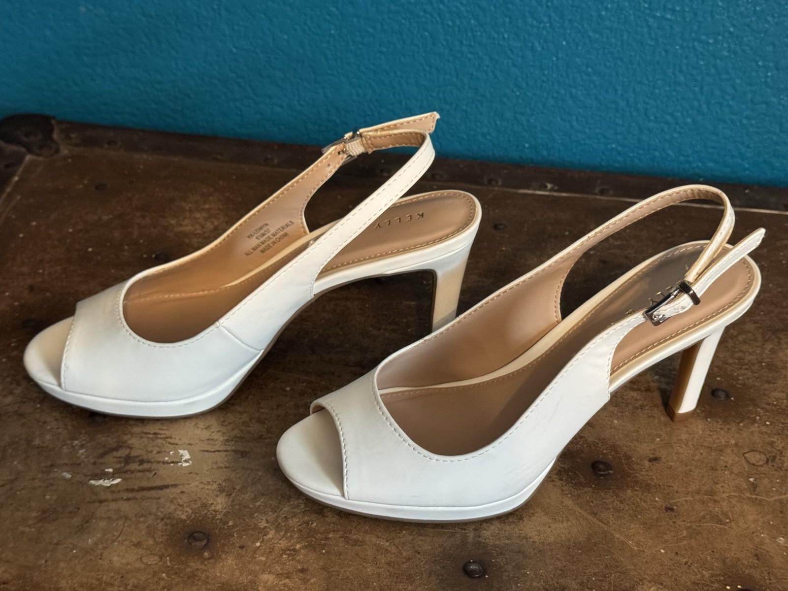 Kelly & Katie White Faux Leather Open Toe Stiletto Slingback Buckle Heel 6.5