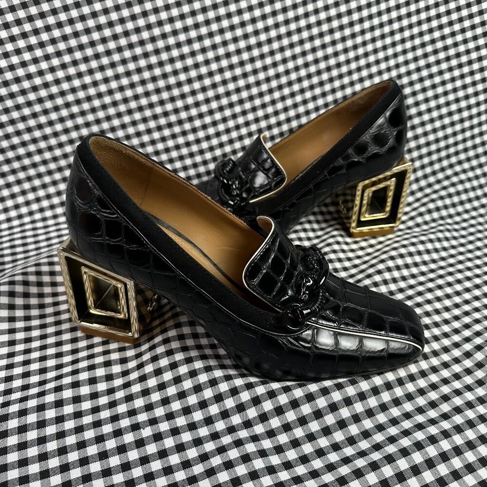 Tory Burch Jessa Block Heel Pumps Black Croc Embossed Leather Square Toe 6.5