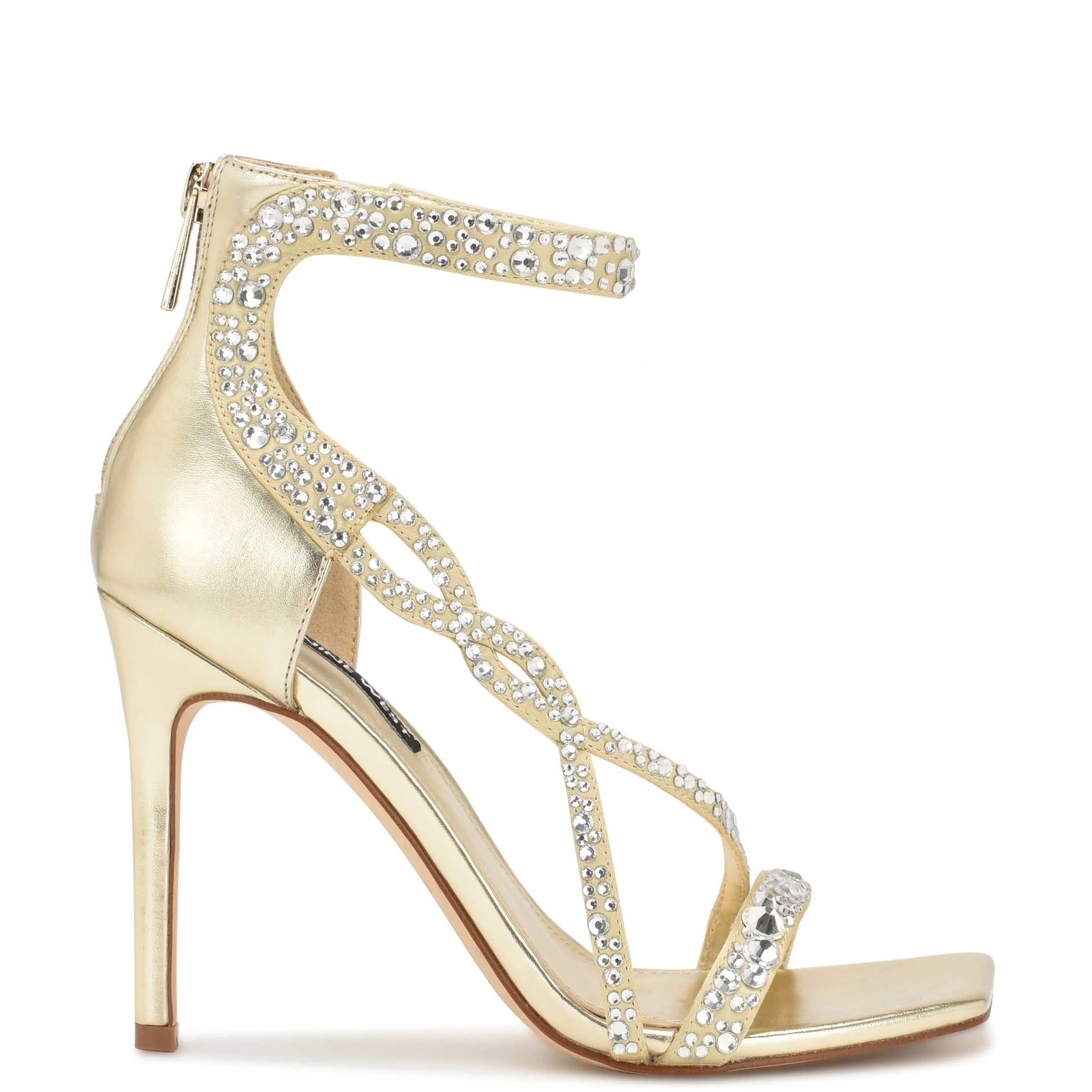NINE WEST – TALLA, Gold faux leather rhinestone 4.25″ stiletto sandals, SZ 8