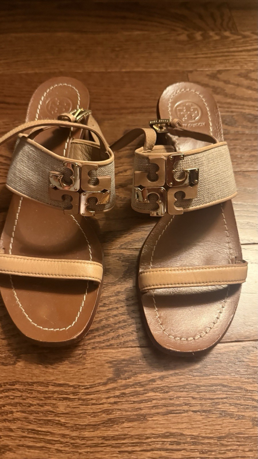 Tory Burch Logo Ankle Strap Leather Buckle Sandals Brown/Beige Women 8M