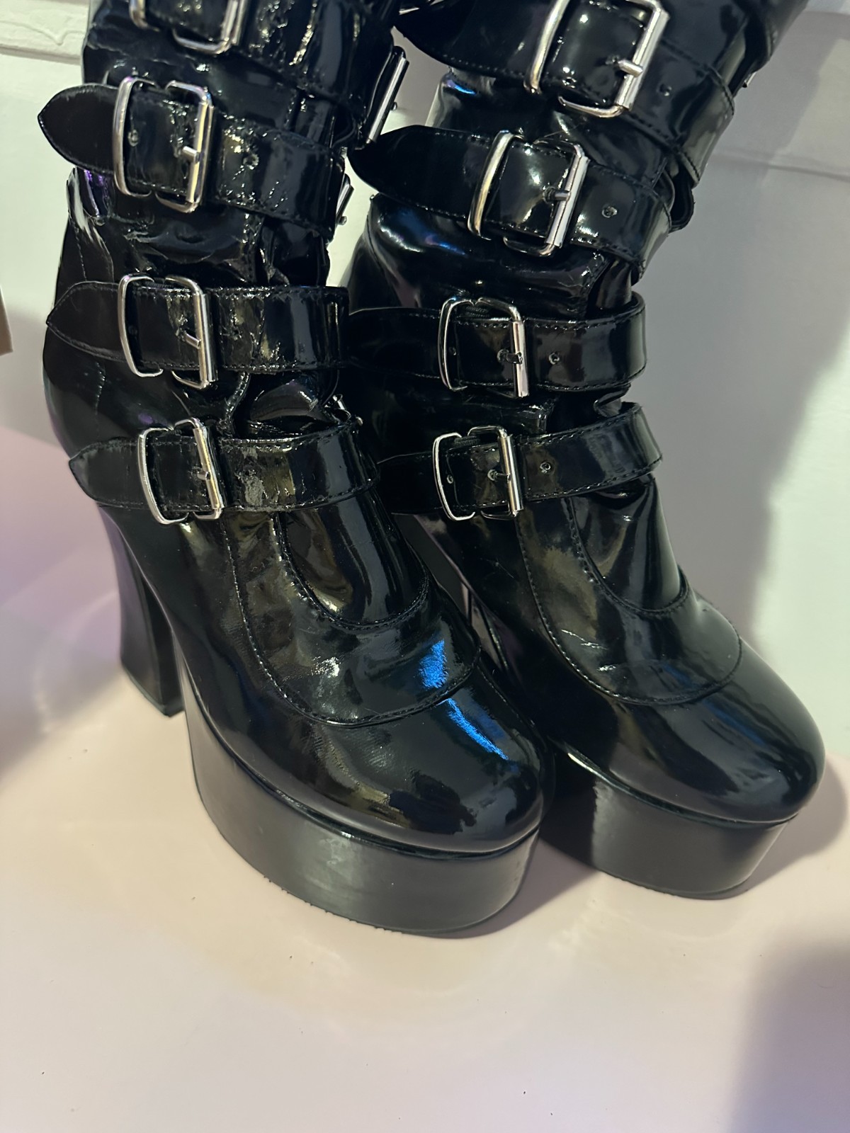 Demonia knee-high Patent Leather Boots, s8, silver hardware adjustable buckles