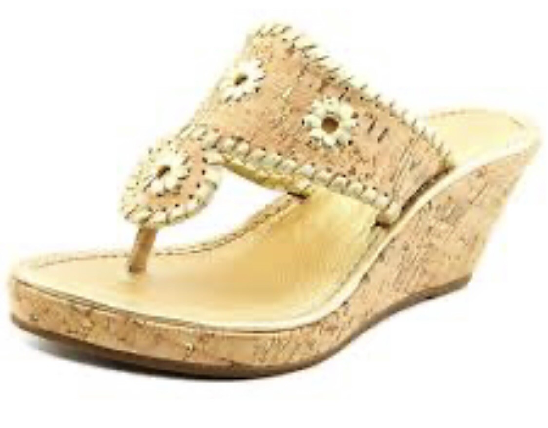 JACK ROGERS Marbella Gold Leather Cork Wedge Style Sandals 2.5in Heel 9.5 NICE~!