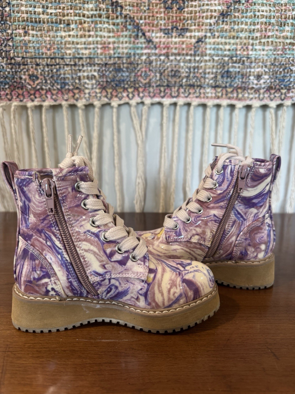 Steve Madden Tolowa Girl’s US 9 Purple/Beige Marble Ankle Combat Boot Lace+Zip