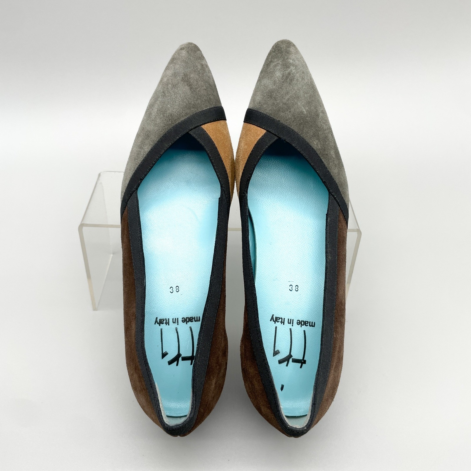 Thierry Rabotin Womens 38 8 Suede Colorblock Pointed Toe Heel Pumps Brown Gray