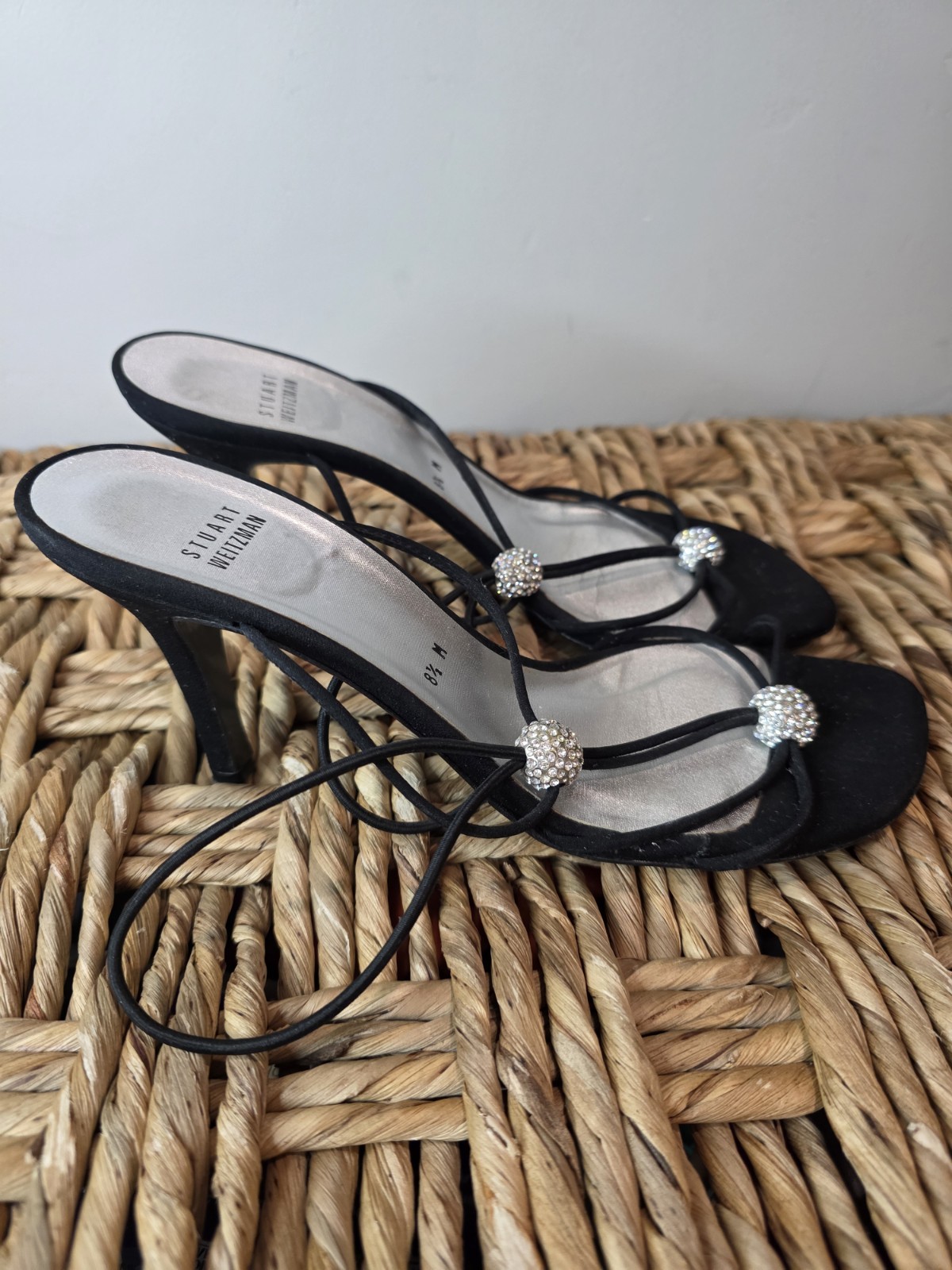 Stuart Weitzman Rhinestone Strappy Slingback Heels Black Satin Women’s 8.5 M