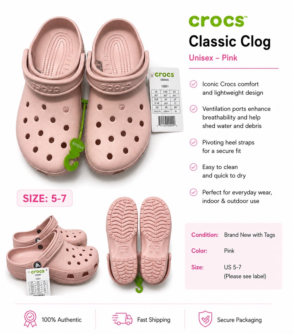 New Crocs Pink Color Womens 7 Men’s 5