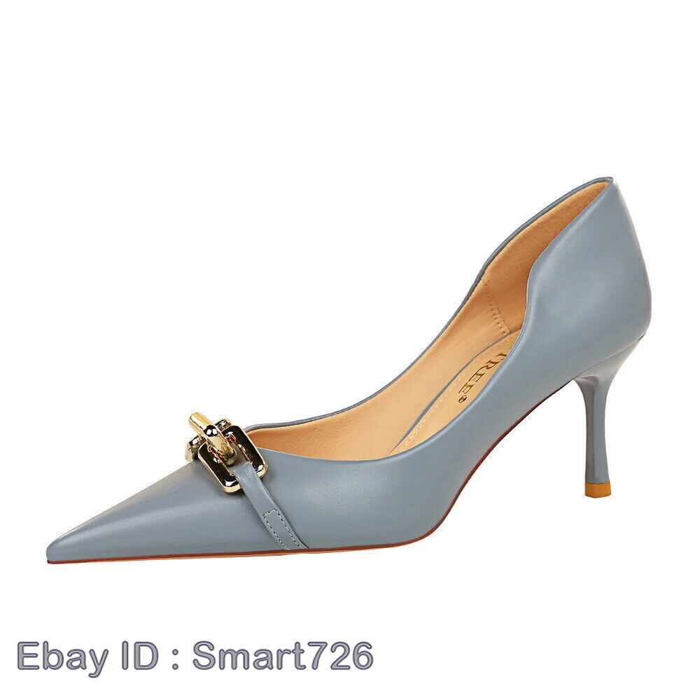 Women sexy Slip On Kitten Metal Button Pumps Mid Heels Pointed Toe Party Shoes