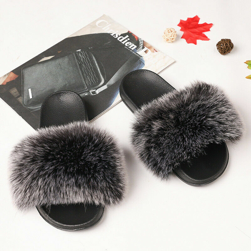 Fuzzy Fluffy Faux Fur Slides Slippers Flat Soft Sandals Open Toe Slip On Shoes
