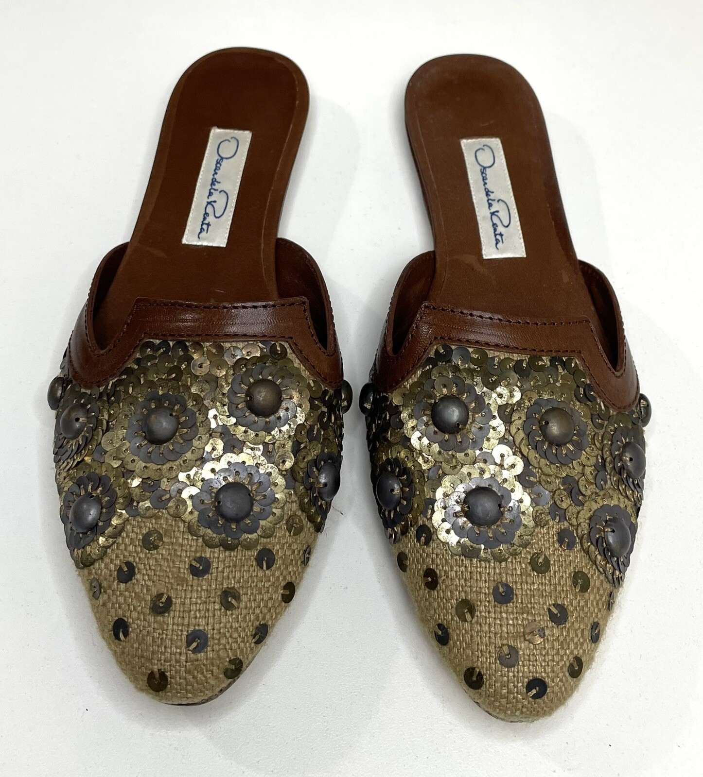 Oscar de la Renta Embellished Canvas & Leather Sequined Mules Size 36 Shoes