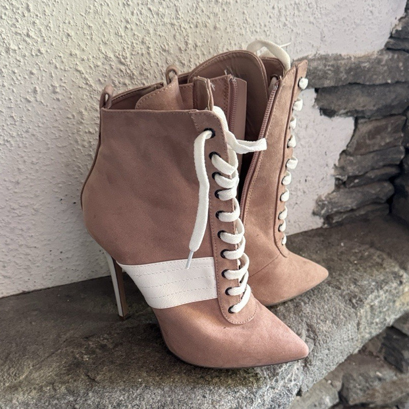 Women’s Faux Suede Lace-Up Ankle Bootie, Pointed Toe, Pink/White, 7.5