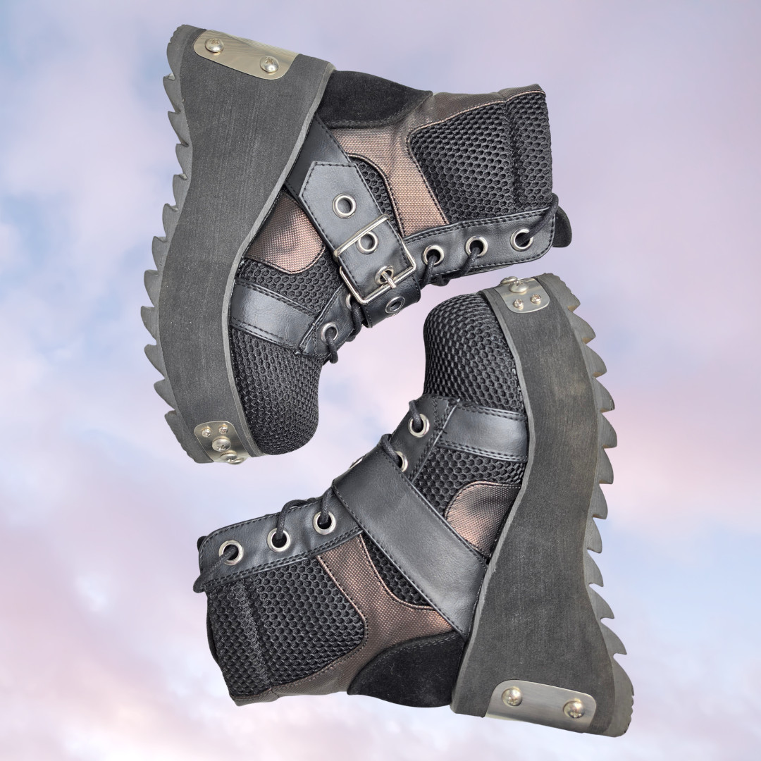 Demonia Black Wedge Platform Grunge Goth Festival Punk Metal Studded Boots 7.5