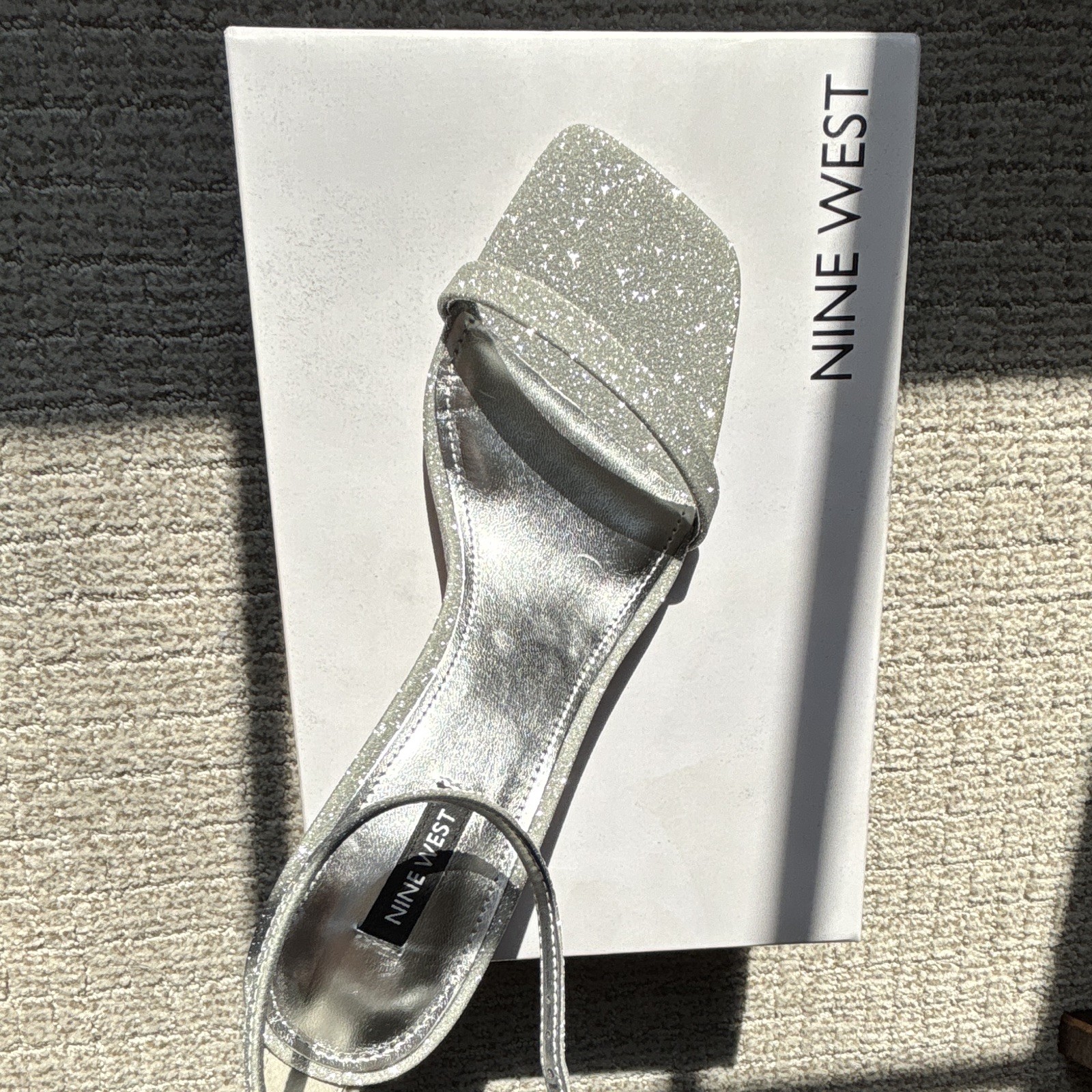 Nine West Silver Glitter Strappy Square Toe Ankle Strap Heels 10 M