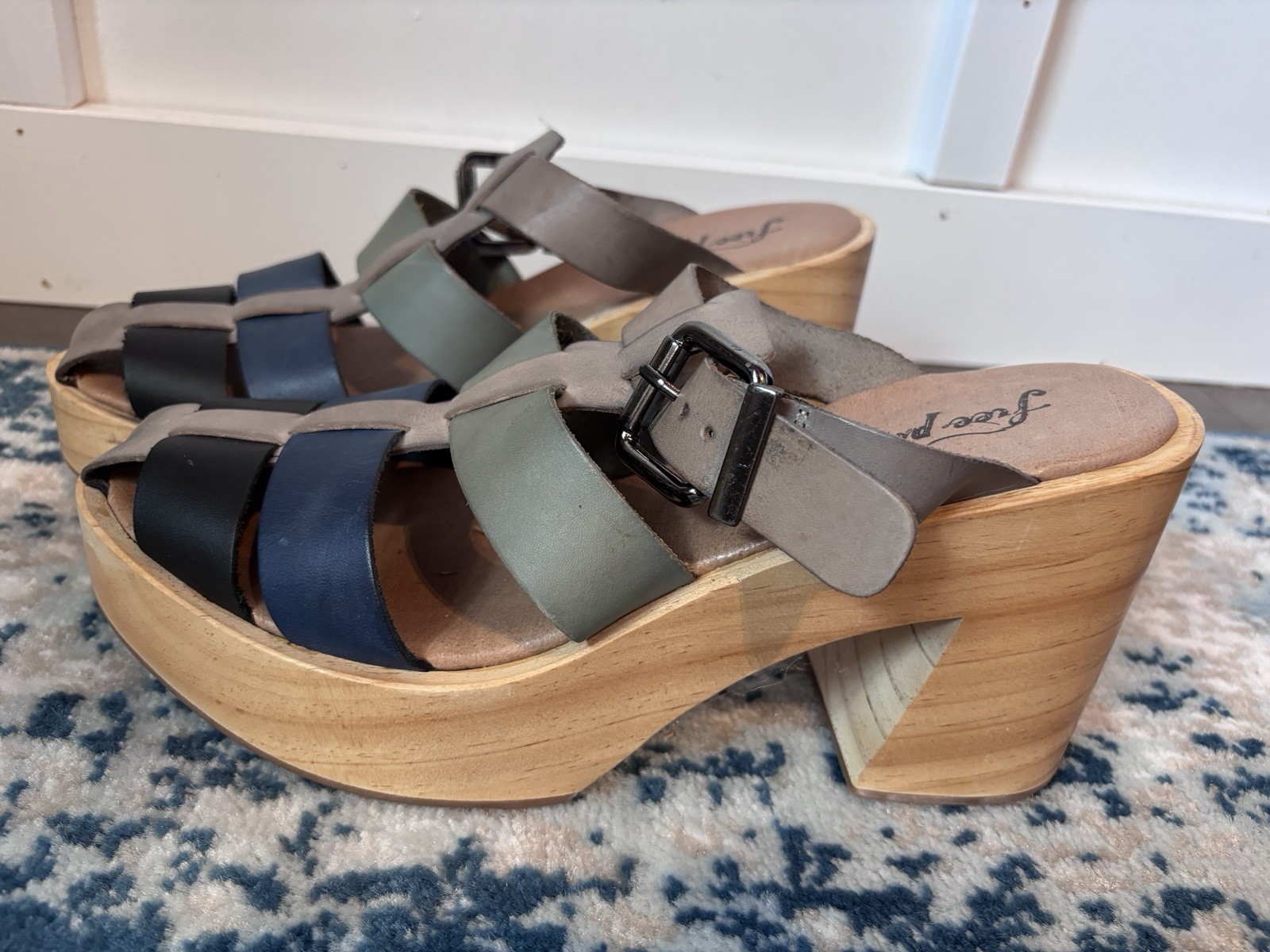 Free People Bellevue Platform Clog Blue Gray Ombre Strap Fisherman 39/8.5 NEW
