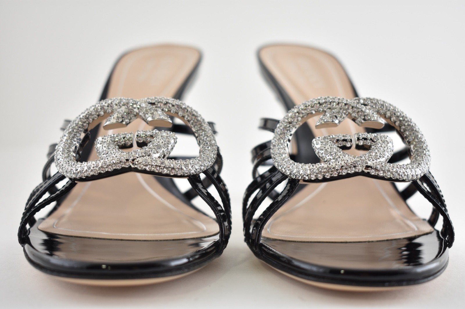 Gucci Interlocking G 85mm Black Patent Crystal GG Logo Heel Mule Sandal 41