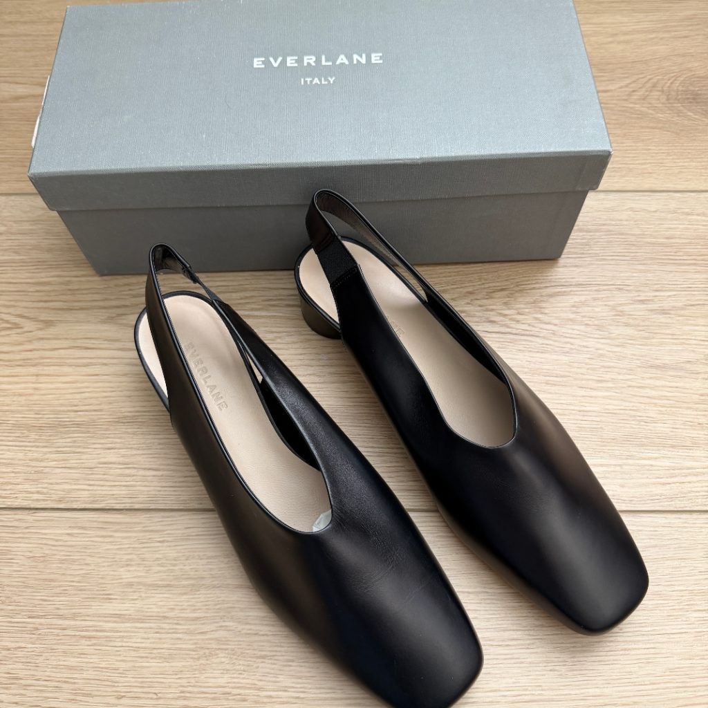 Everlane Square Toe Slingback Black Leather Block Heel Flats Women’s Size 10.5