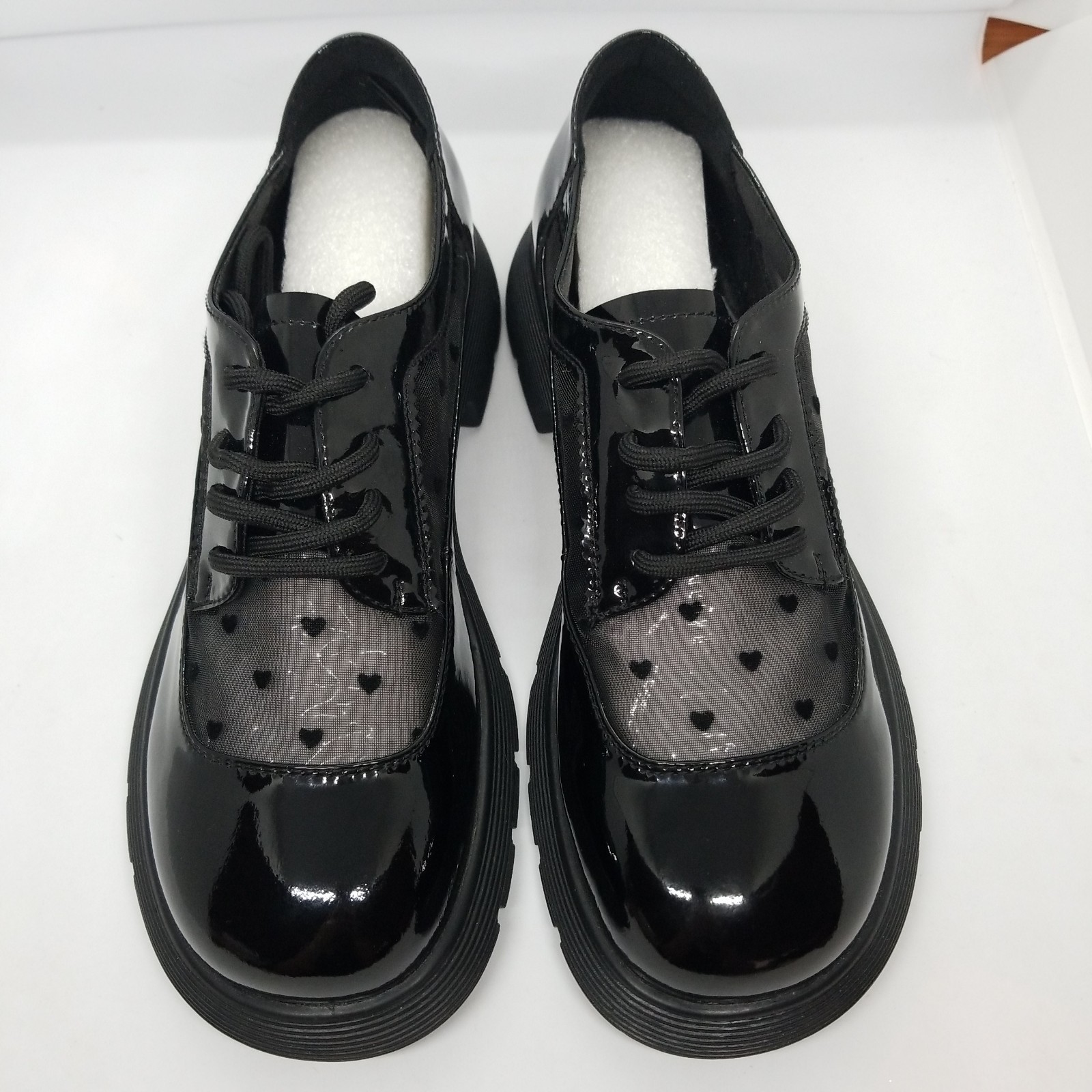 Size 8 Black Man Made Leather Black &Sheer Hearts Oxford Shoes Grunge