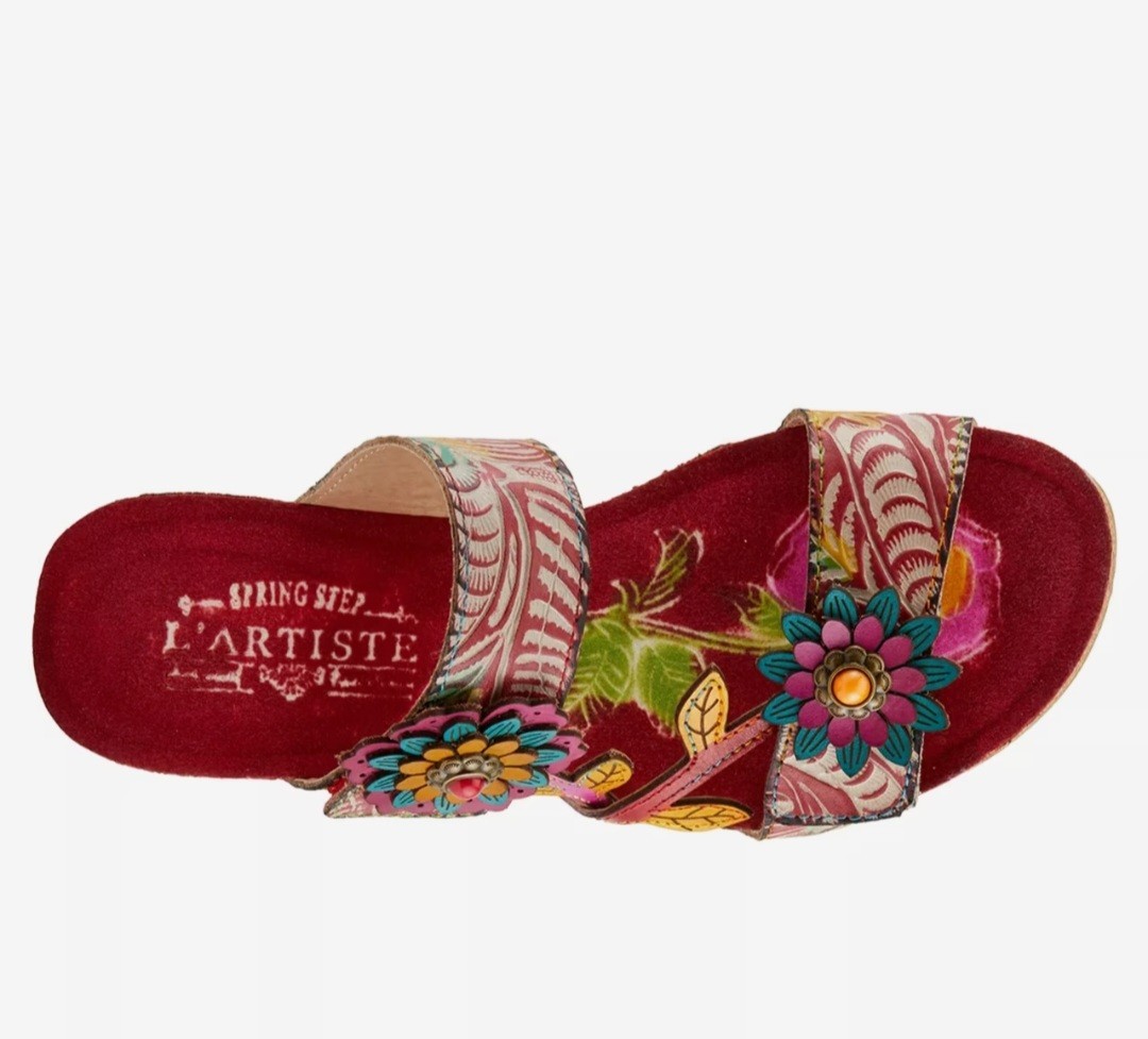 L’Artiste by Spring Step Moai Red Multi Leather Wedge Sandal NWOB Size 40 US 9